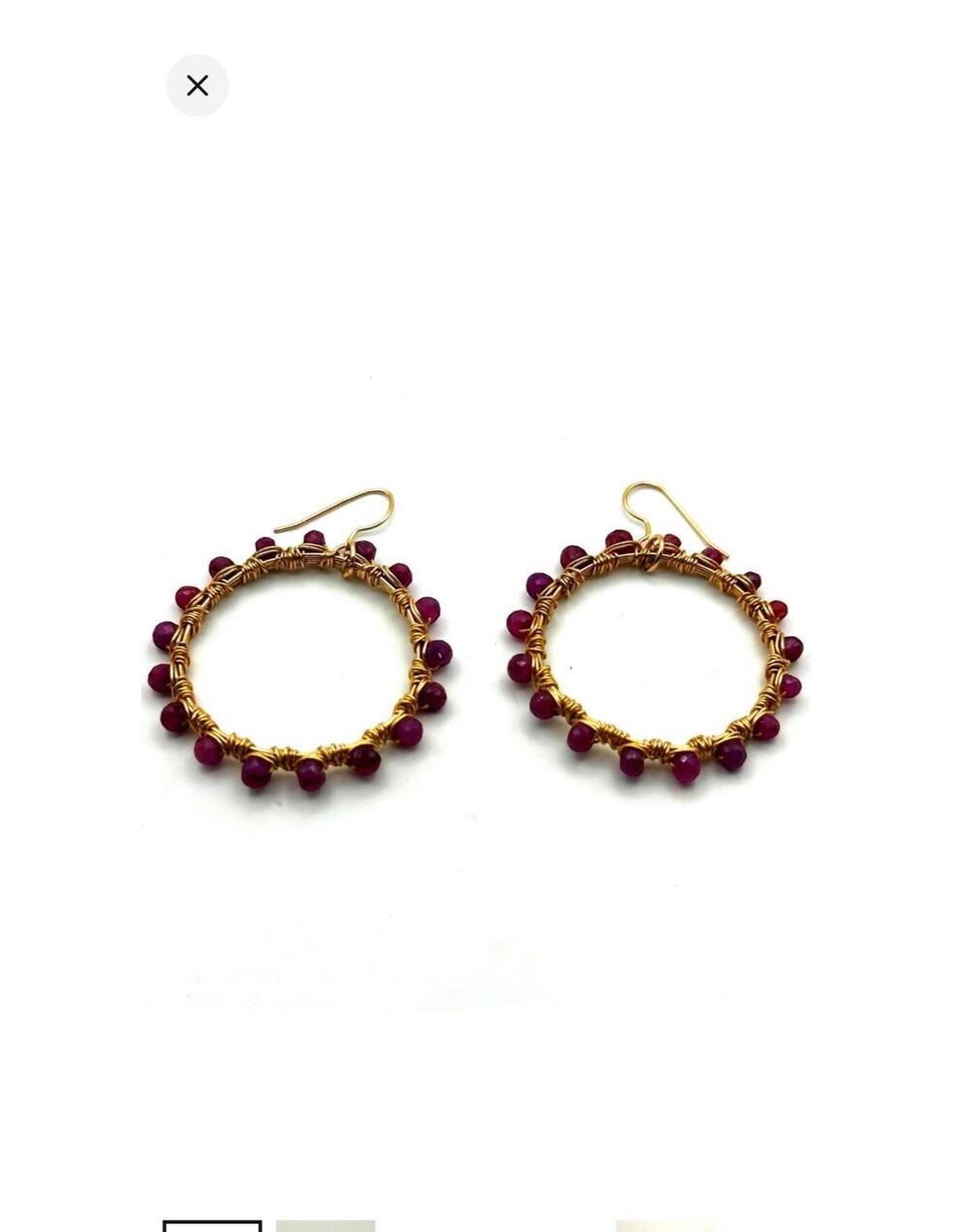 Artisan Wire Wrapped Gold tone Garnet Bead Hoop Earring Pierced Beaded